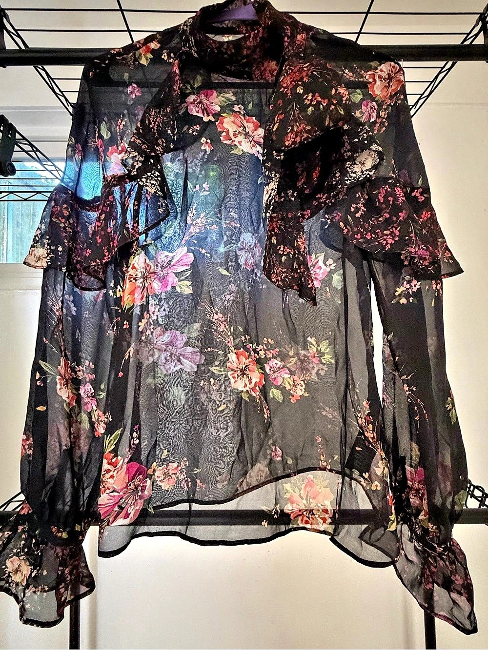 INTERMIX Sheer Silk Floral Ruffle Blouse Mock Neck Size 2 Dark Romance
